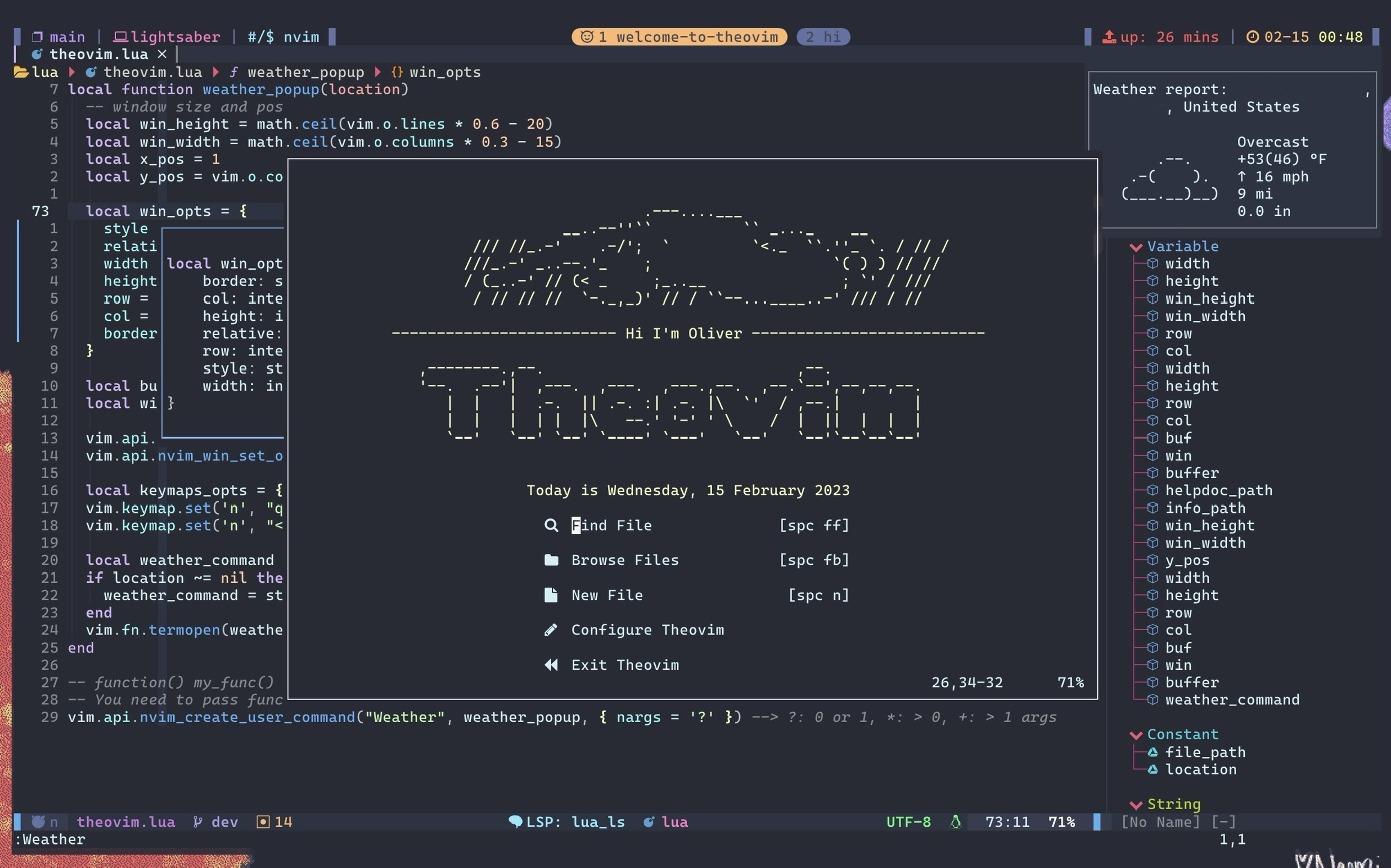 2023-02-15, editing the custom command to invoke curl wttr.in and display the result in a small floating window